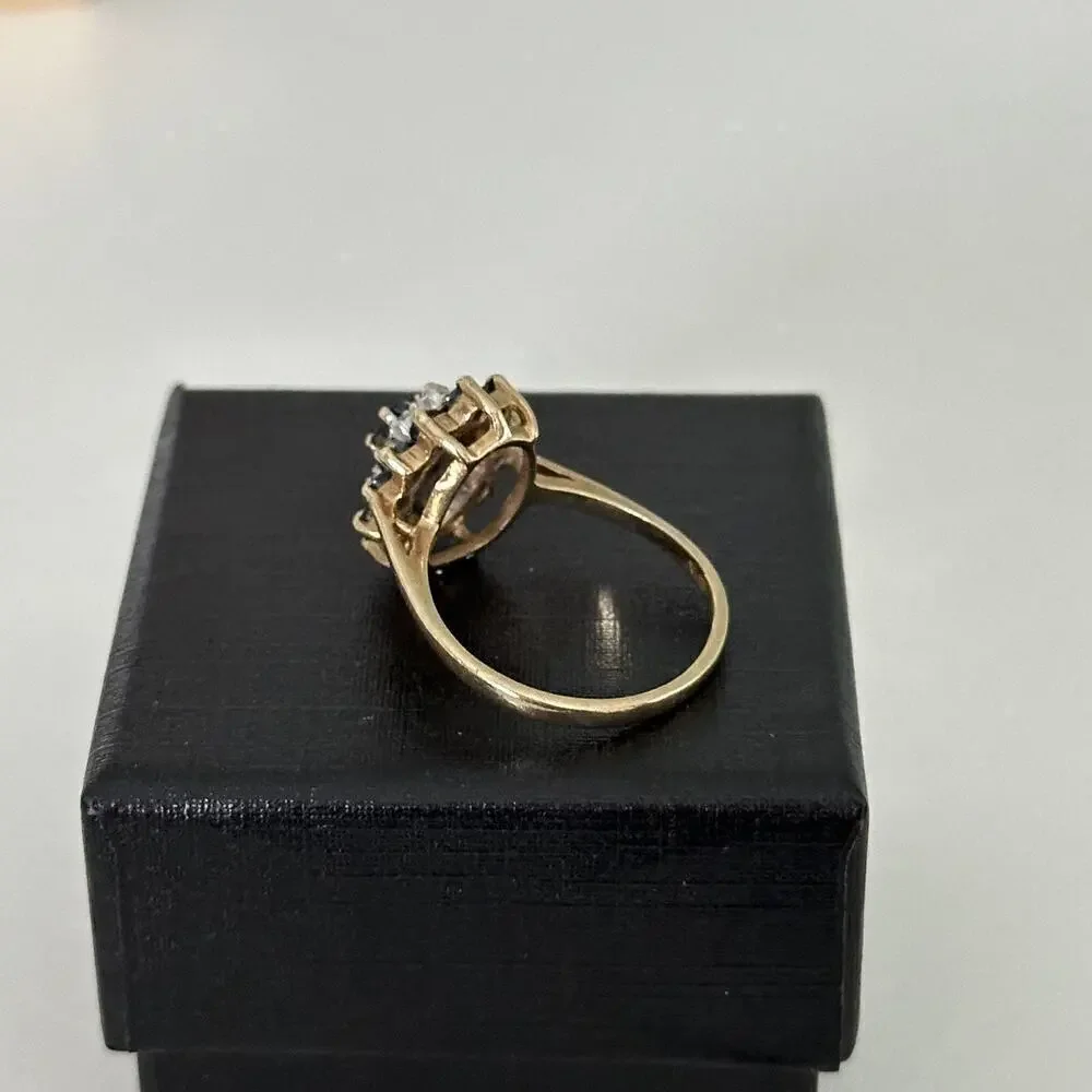 Vintage 10K Yellow Gold Sapphire & Diamond Halo Cluster Ladies Band Ring Size 6